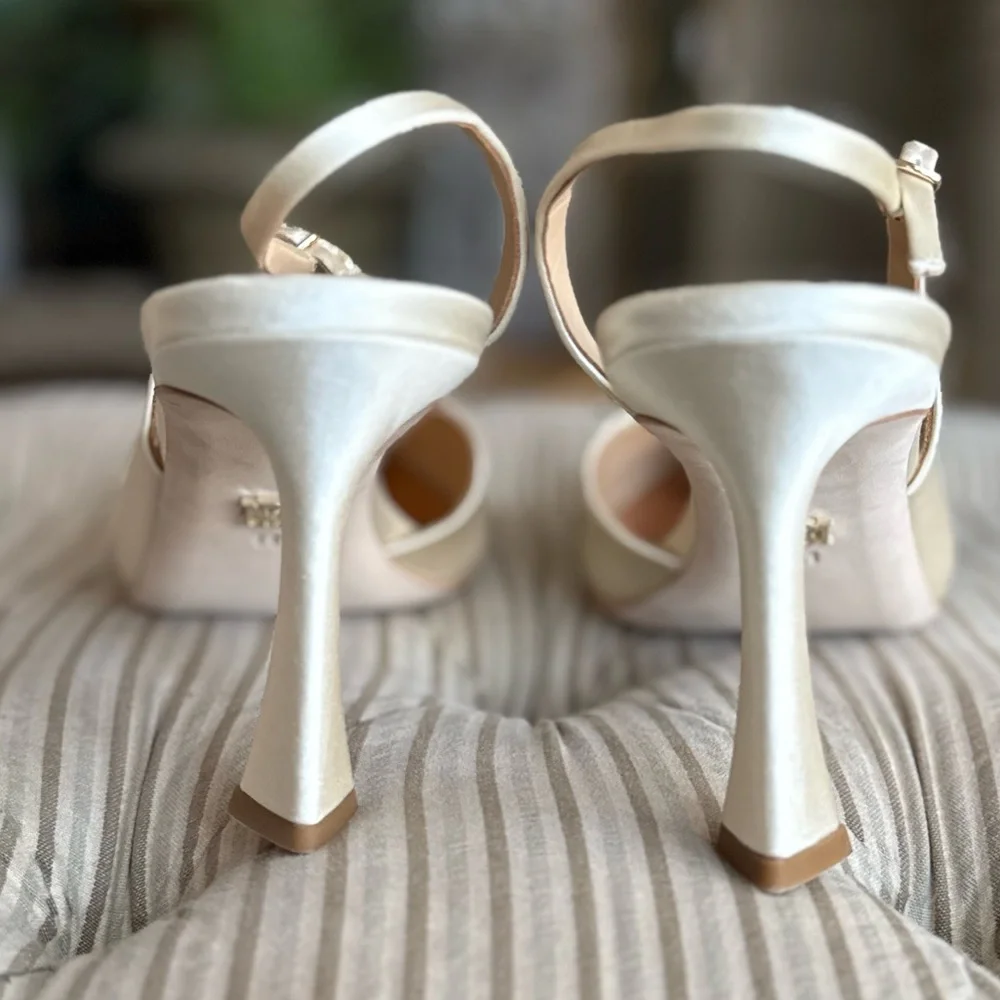 Badgley Mischka Ivory Satin Slingback Pumps with Crystal Buckle - Picture 11 of 12